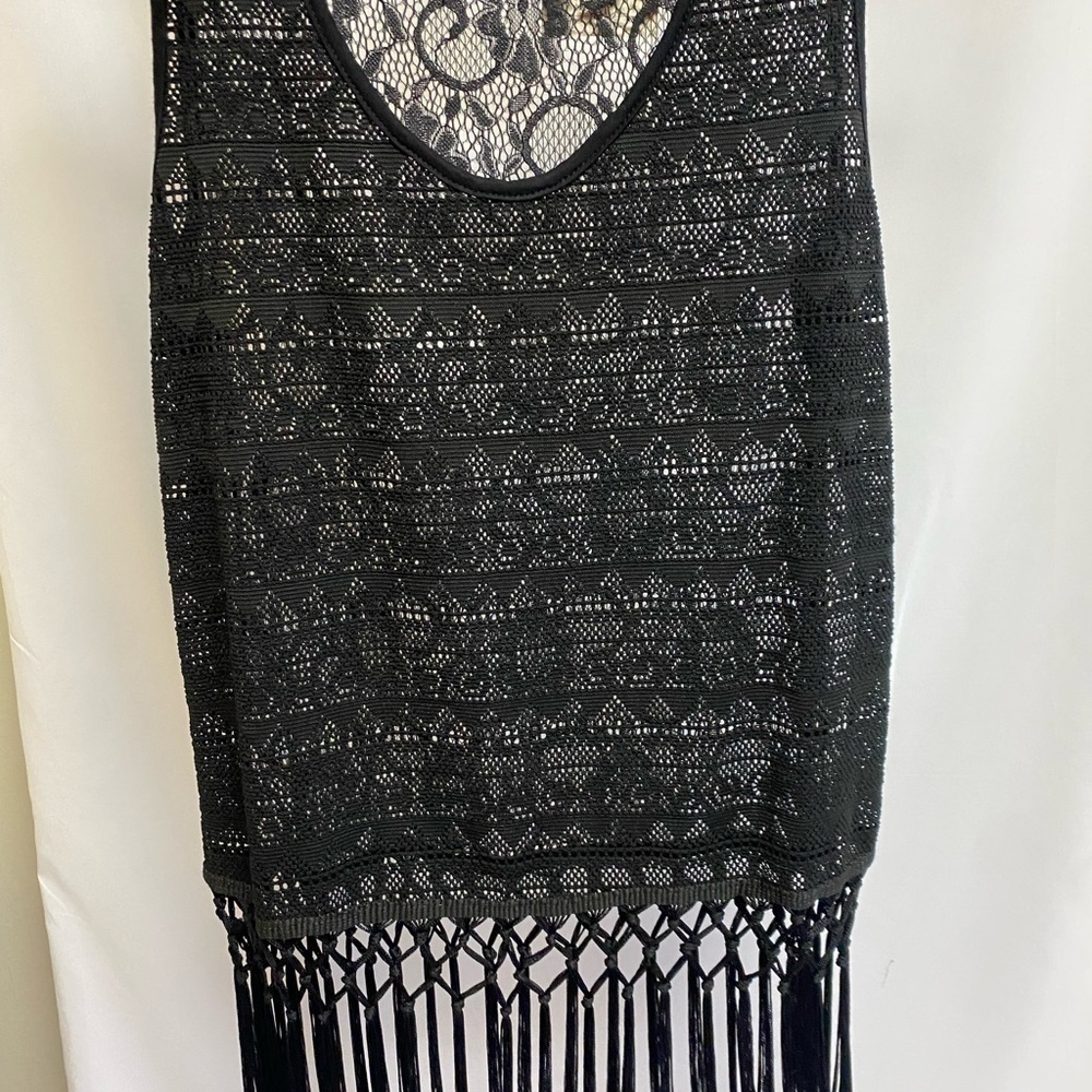 Black Lace Top Size Large with Fringe See Through Not Lined  By One Star